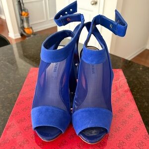 Guess Electric Blue Suede & Mesh Peep-Toe Ankle Strap Heels
